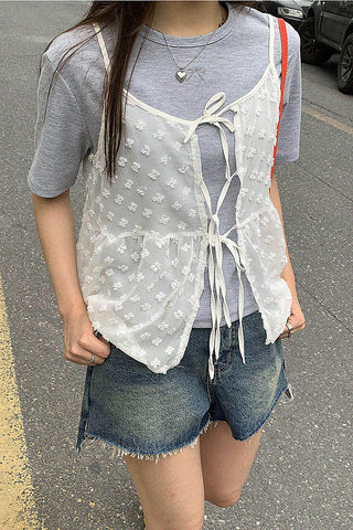 Mesh Layered lace-up sleeveless top