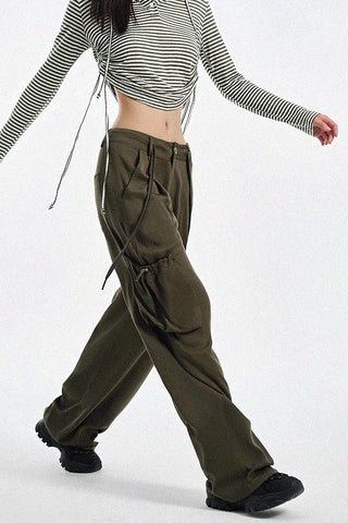 retro green casual loose cargo pants