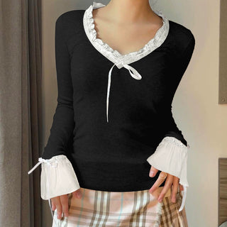 bow v-neck slim long sleeve top