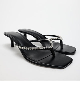 Beaded rhinestone high-heeled flip-flops