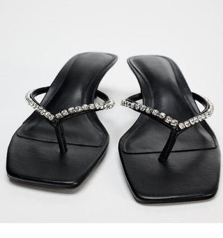 Beaded rhinestone high-heeled flip-flops