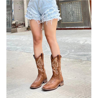 Leather Embroidered Long-Barrel Cowboy Boots