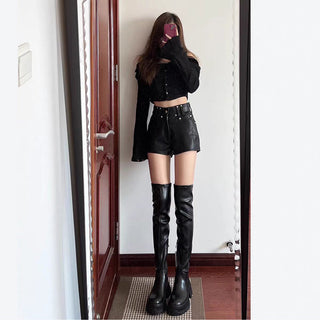 Black Leather Women's Over the knee boots