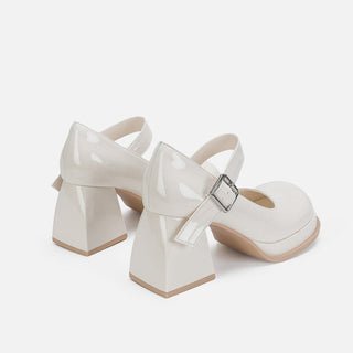 White Leather Chunky Heel Shoes