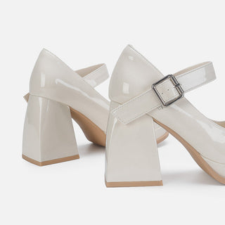 White Leather Chunky Heel Shoes