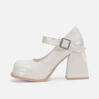 White Leather Chunky Heel Shoes