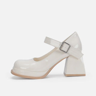 White Leather Chunky Heel Shoes