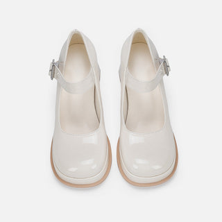 White Leather Chunky Heel Shoes