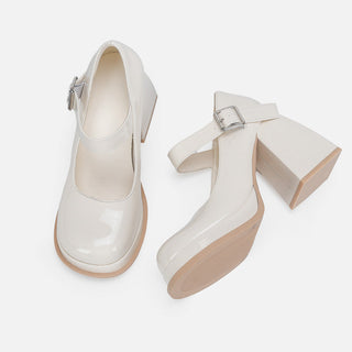 White Leather Chunky Heel Shoes