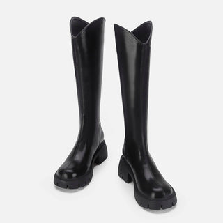 Genuine Leather V-neck Long Boots