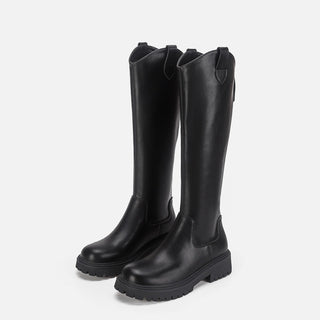 V-neck Long Women's Thick-soled Leather Boots