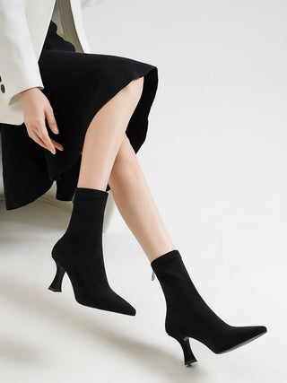 Black elastic slim high heel short boots