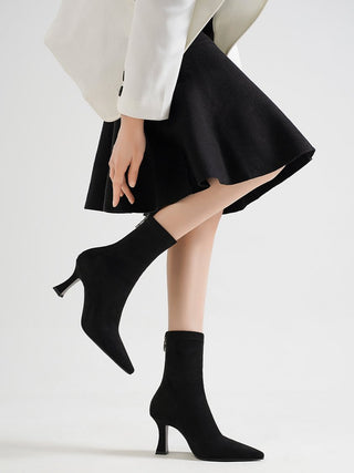 Black elastic slim high heel short boots