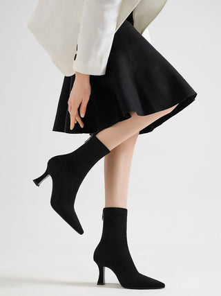 Black elastic slim high heel short boots