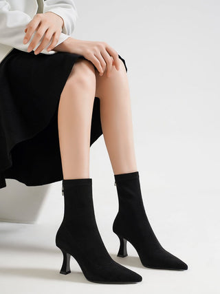 Black elastic slim high heel short boots