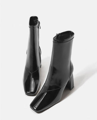 Black patent leather square toe short boots