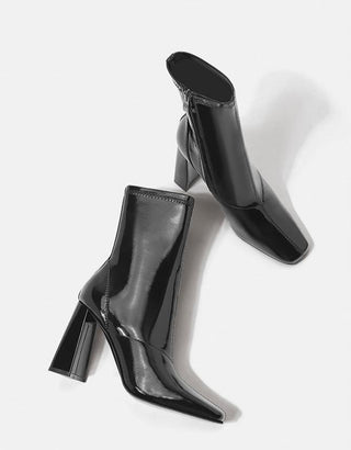 Black patent leather square toe short boots