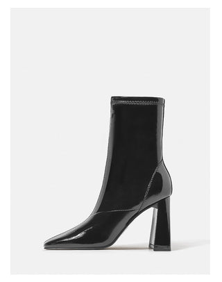 Black patent leather square toe short boots