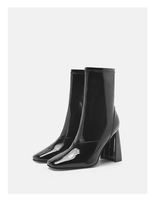 Black patent leather square toe short boots