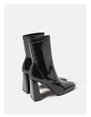 Black patent leather square toe short boots