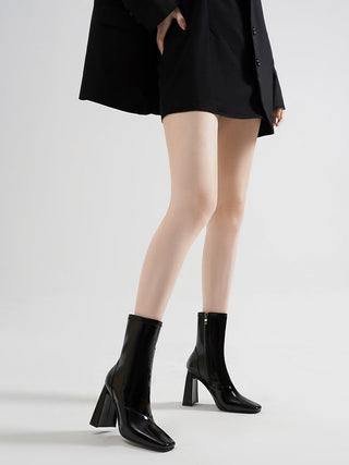 Black patent leather square toe short boots