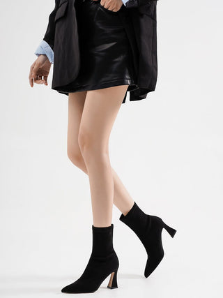 Black suede pointed high heel short boots