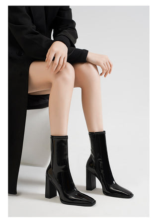 Leather square toe thick heel black skinny boots