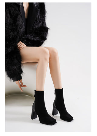 Suede thick heel slim boots