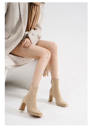 Suede thick heel slim boots