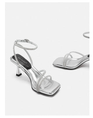 Rhinestone one-strap high-heeled sandals