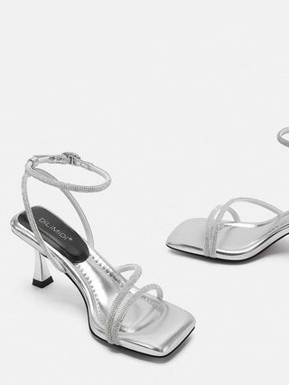 Rhinestone one-strap high-heeled sandals