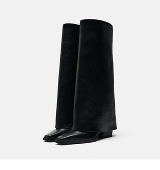 Square head knee-high leather  boots