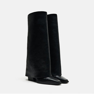 Square head knee-high leather  boots