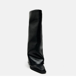 Square head knee-high leather  boots