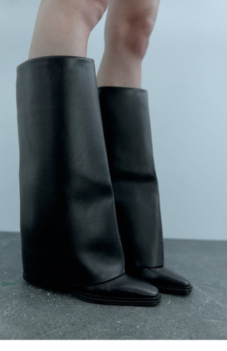 Square head knee-high leather  boots