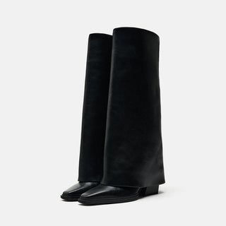 Square head knee-high leather  boots