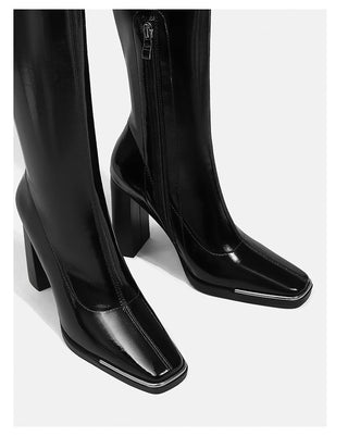 Leather square toe slim boots