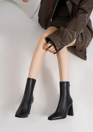 Black square head retro high heel short boots