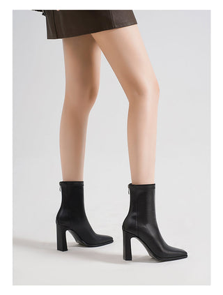 Black square head retro high heel short boots