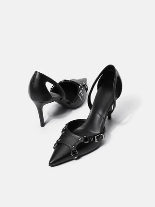 Black pointed rivet high heels