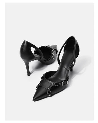 Black pointed rivet high heels