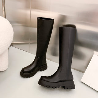 Thick-soled knee-length leather boots