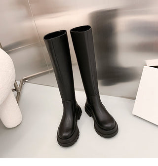 Thick-soled knee-length leather boots