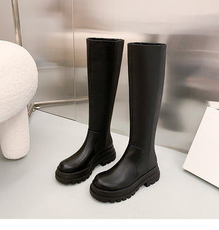 Thick-soled knee-length leather boots