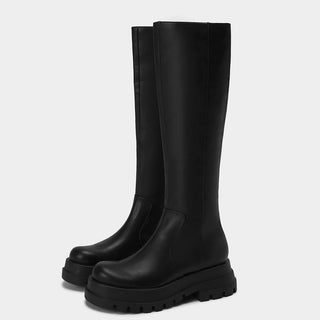 Thick-soled knee-length leather boots