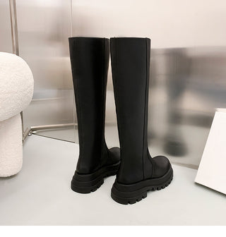 Thick-soled knee-length leather boots