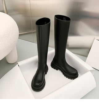 Thick-soled knee-length leather boots