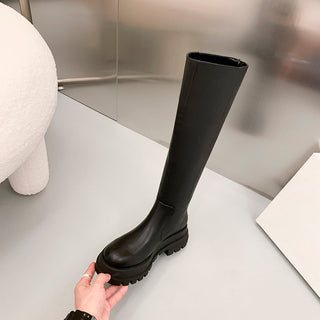 Thick-soled knee-length leather boots