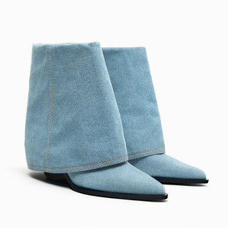 Pointed toe ankle boots in washed denim