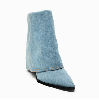 Pointed toe ankle boots in washed denim